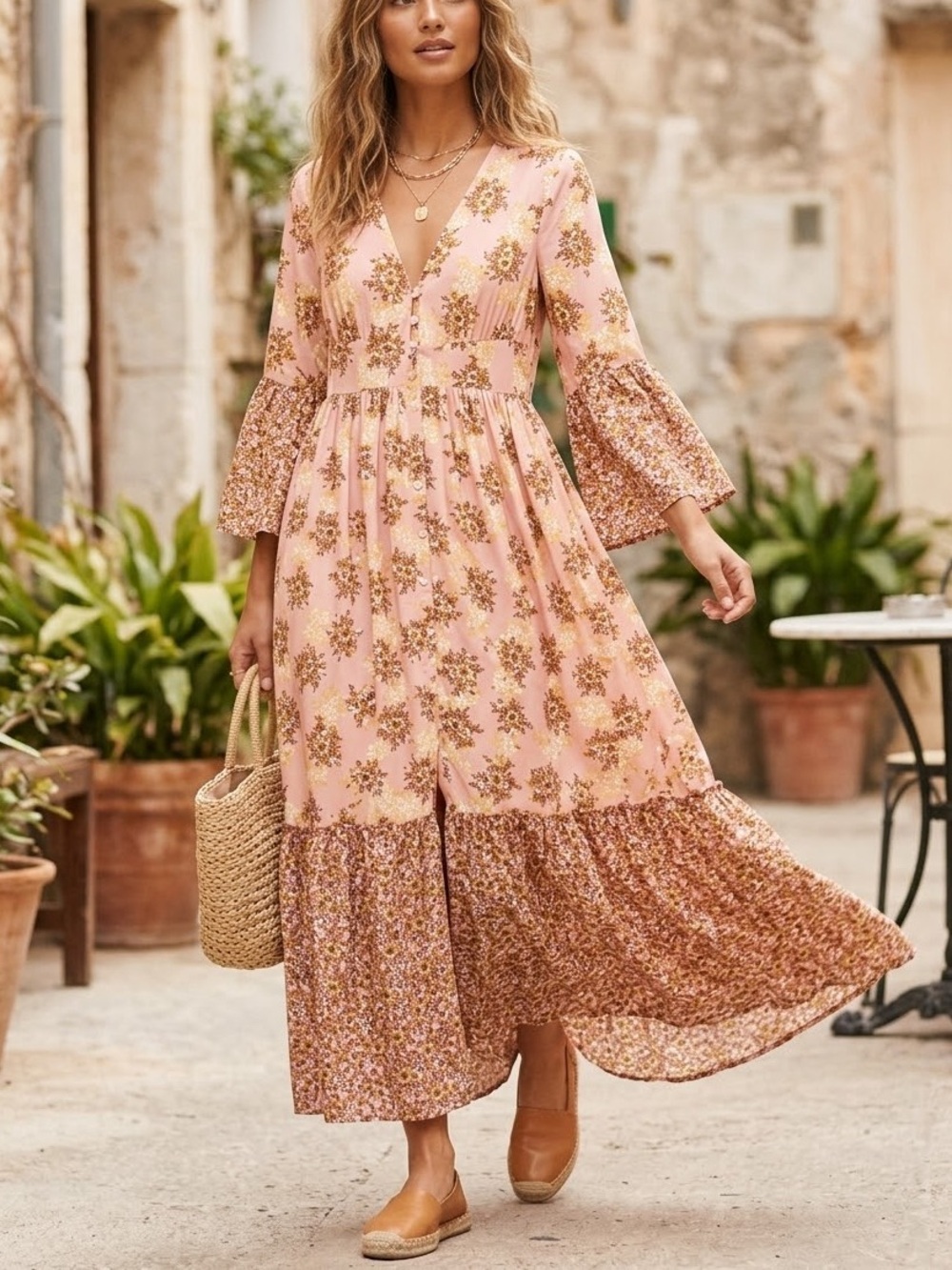 Vero Moda VMEAVIS Boho Vintage Inspired Floral Tiered Bell sleeve Maxi Dress SM